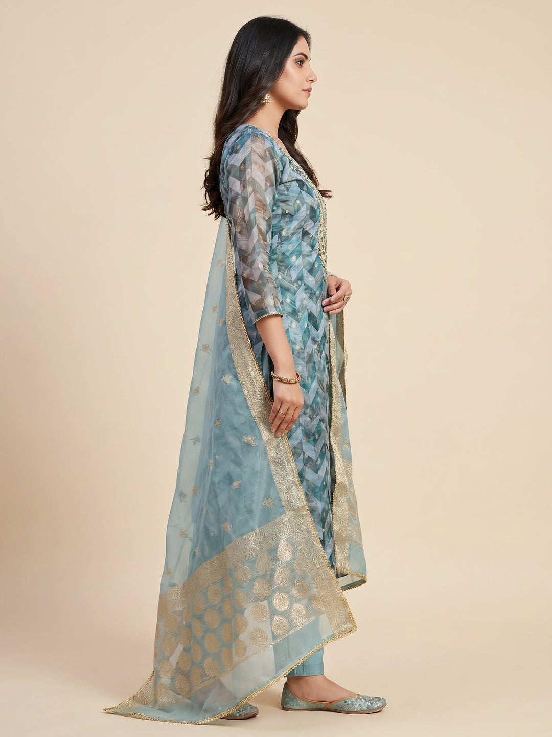 Blue Digital Printed With Woven Organza Dress Material - Image 2