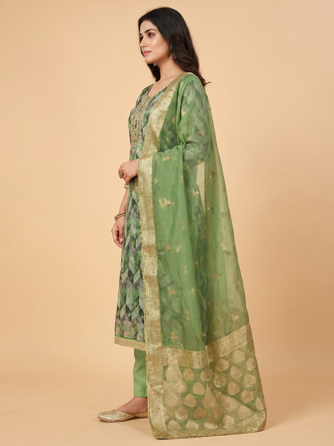 Green Digital Printed With Woven Organza Dress Material - Image 3