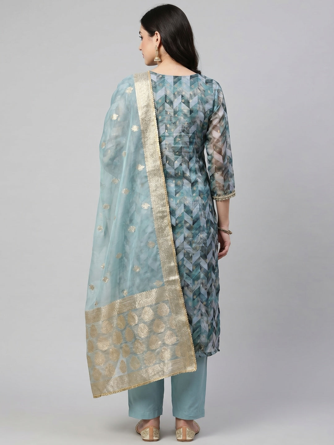 Blue Digital Printed With Woven Organza Dress Material - Image 3