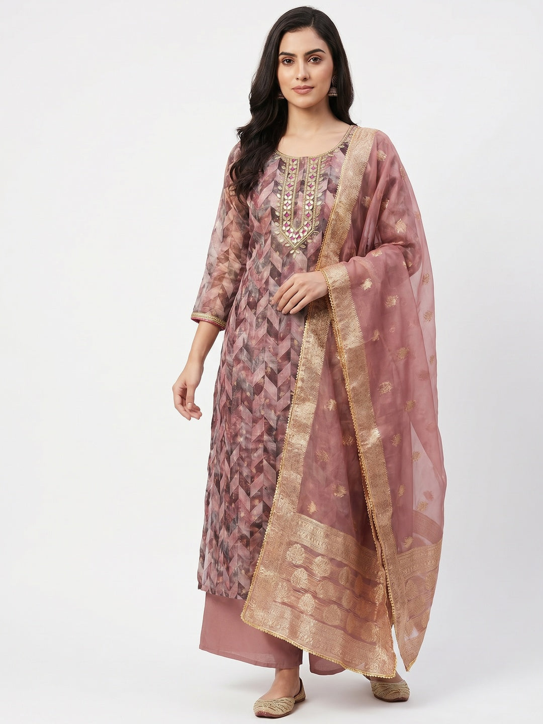 Mauve Digital Printed With Woven Organza Dress Material - Image 1