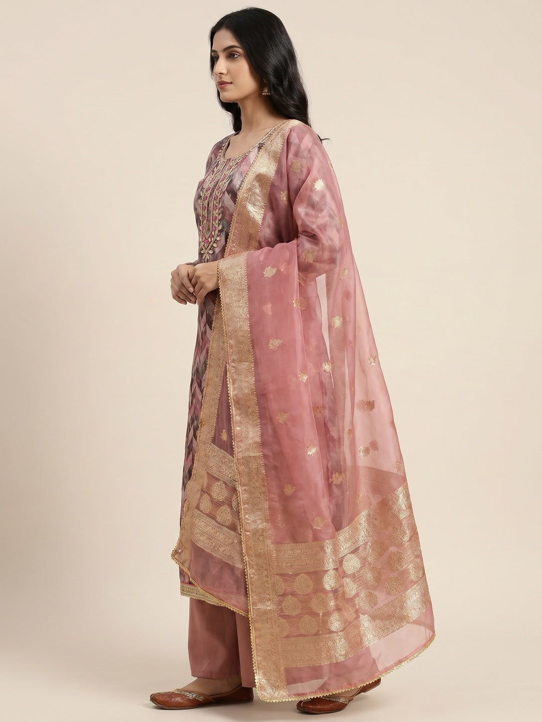 Mauve Digital Printed With Woven Organza Dress Material - Image 3