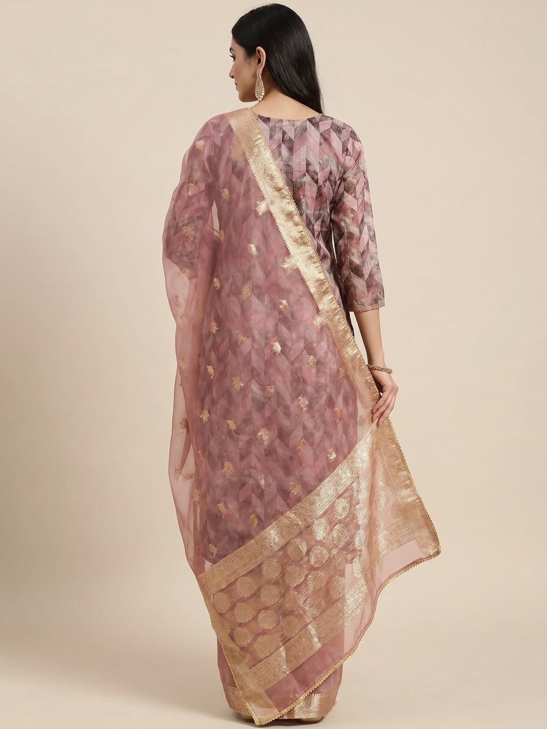 Mauve Digital Printed With Woven Organza Dress Material - Image 2