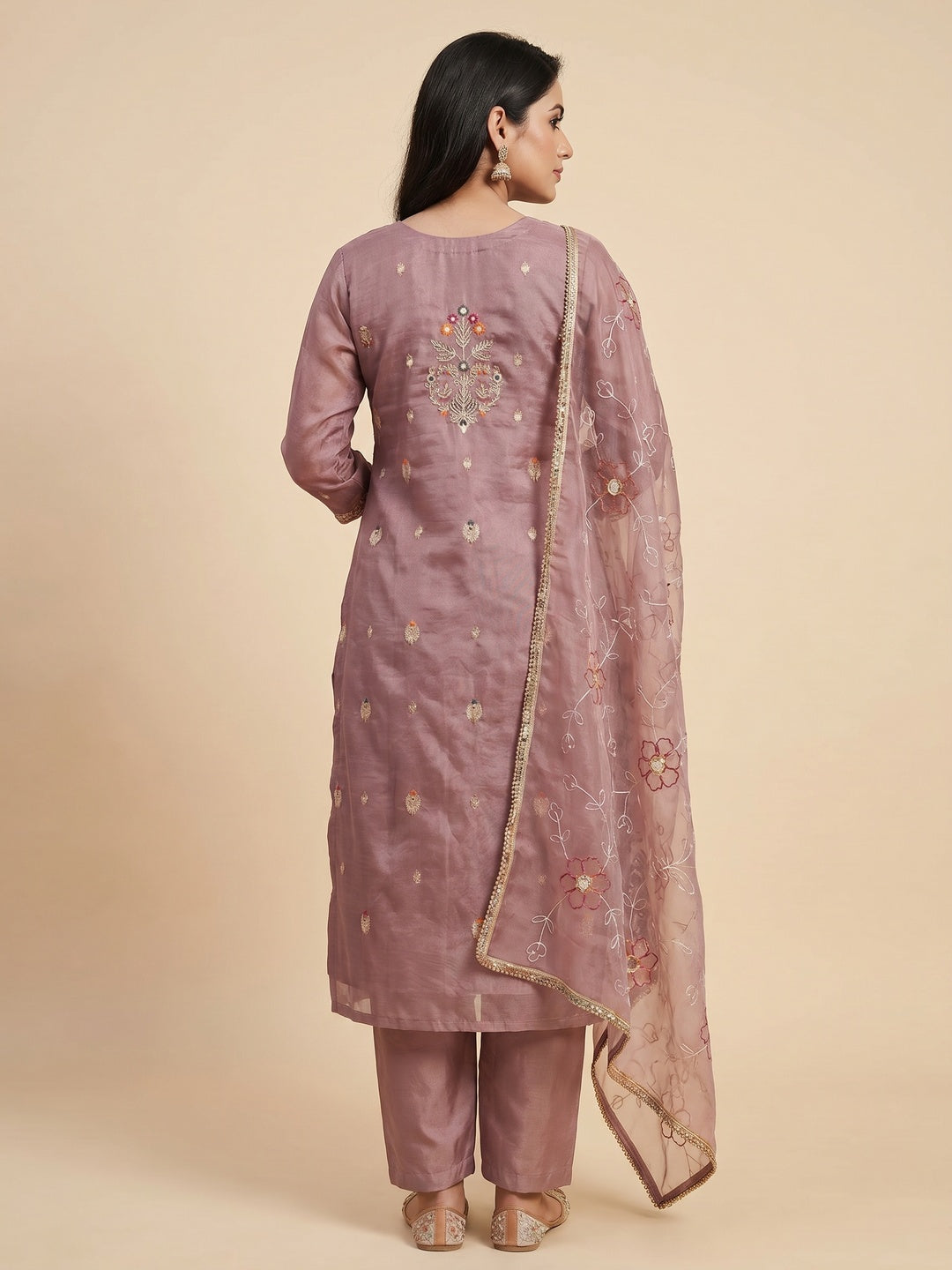 Mauve Woven With Handwork Organza Dress Material - Image 3