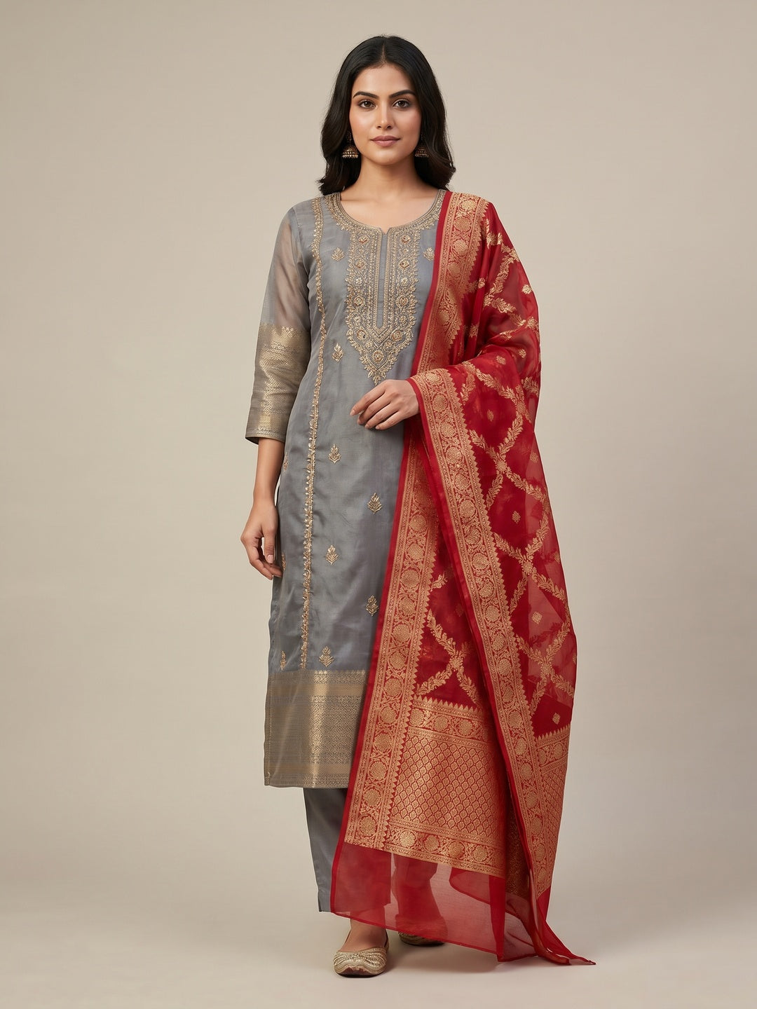 Grey Woven With Handwork Organza Dress Material - Image 1