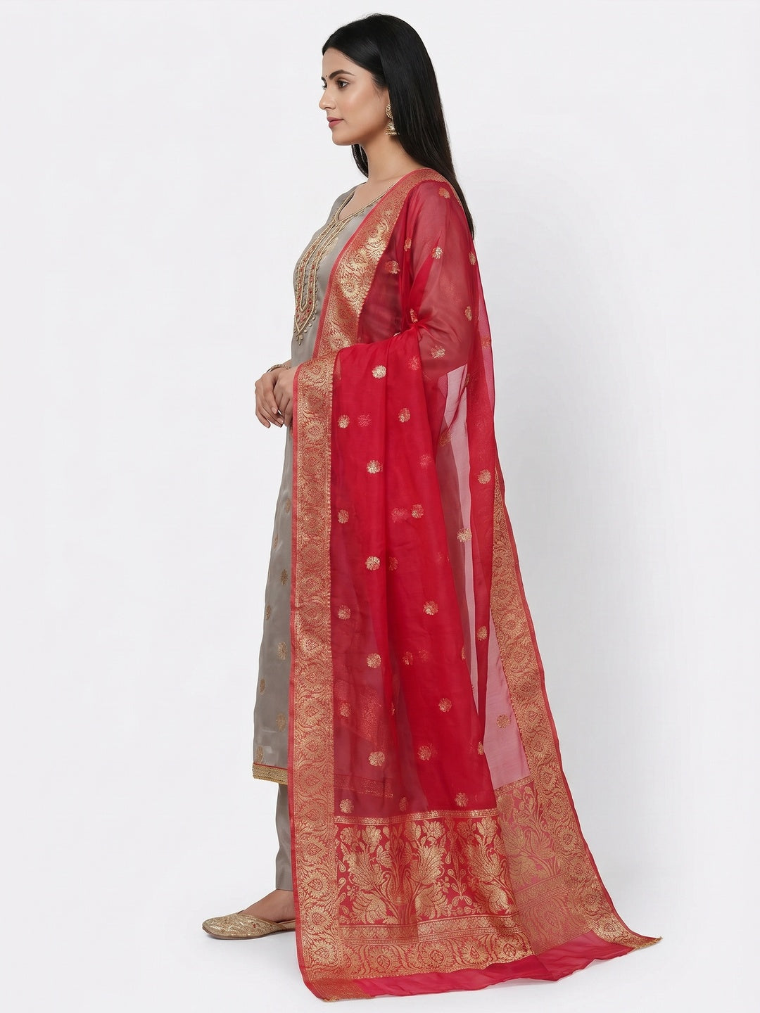 Grey Woven With Handwork Organza Dress Material - Image 3