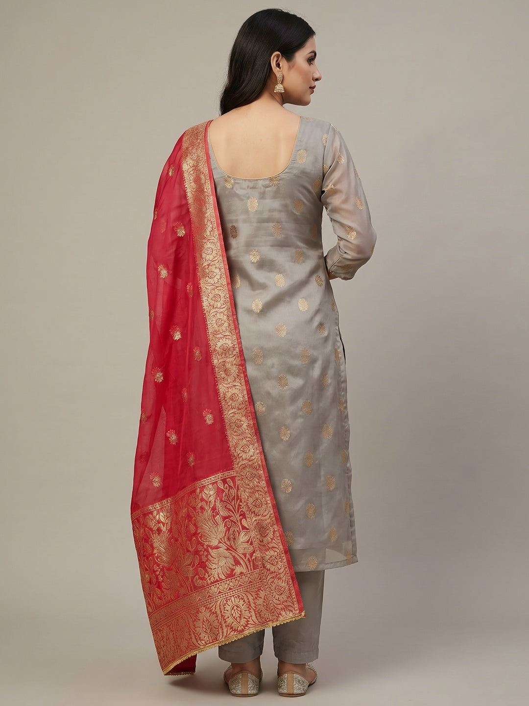 Grey Woven With Handwork Organza Dress Material - Image 2