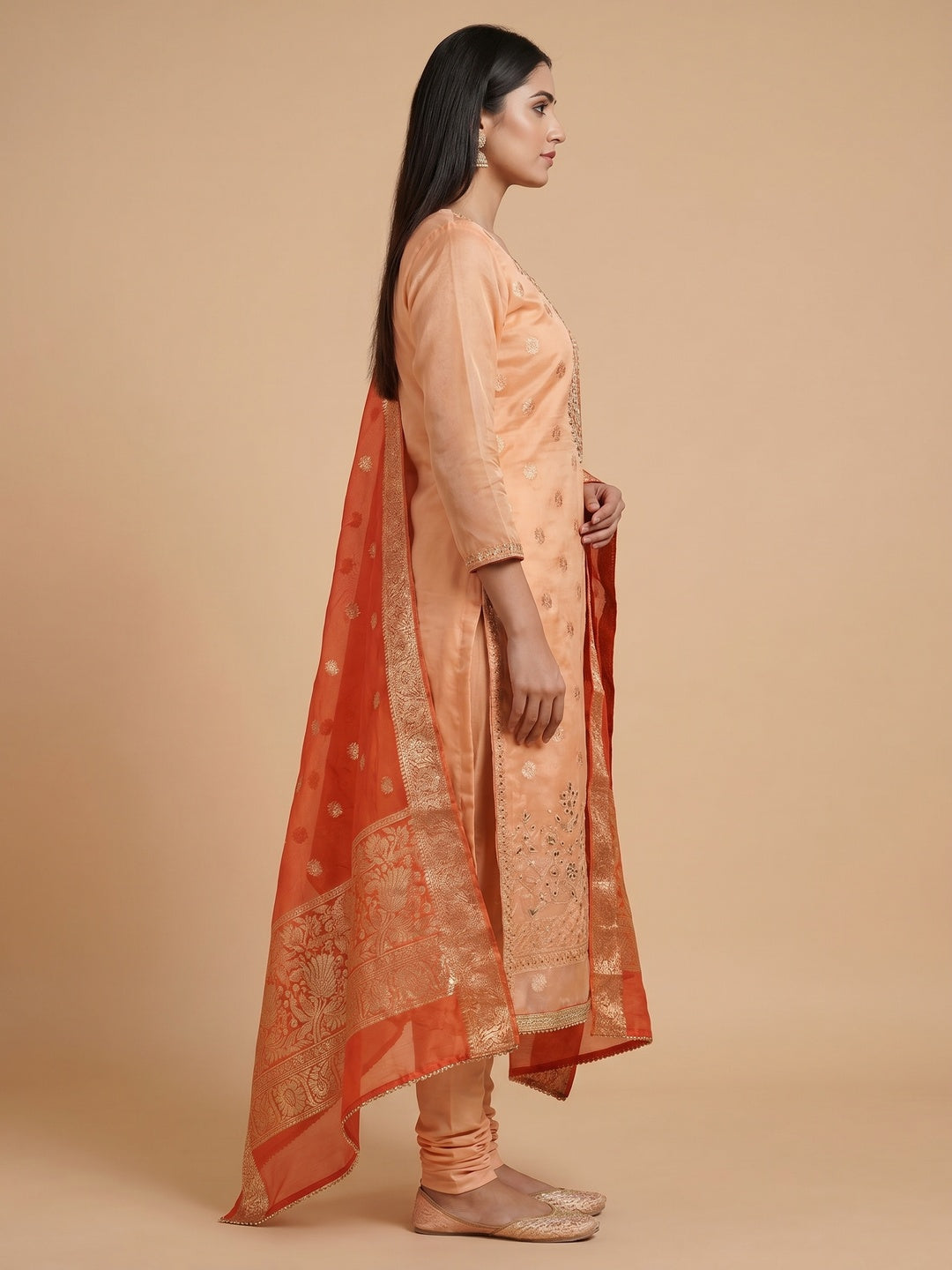 Peach Woven With Handwork Organza Dress Material - Image 2