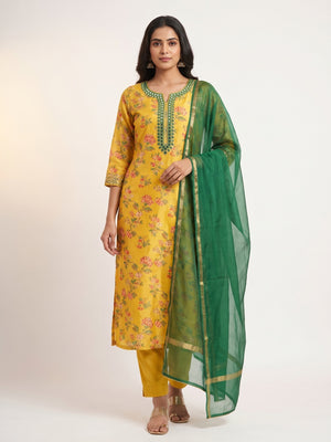 Yellow Woven With Digital Printed Chanderi Silk Dress Material - Image 1