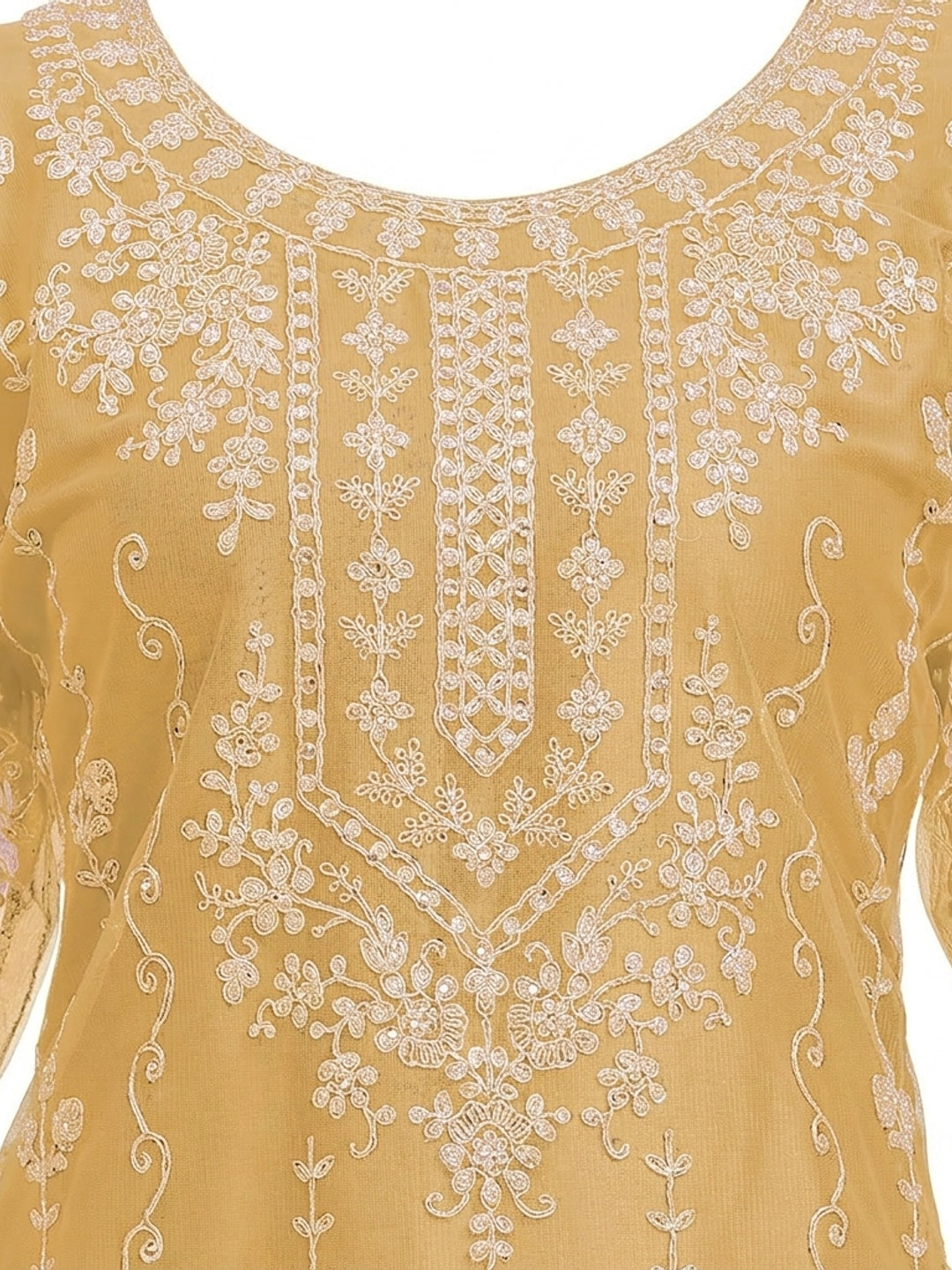 Yellow Sequins Embroidered Net Semi Stitched Pakistani Suit - Image 1