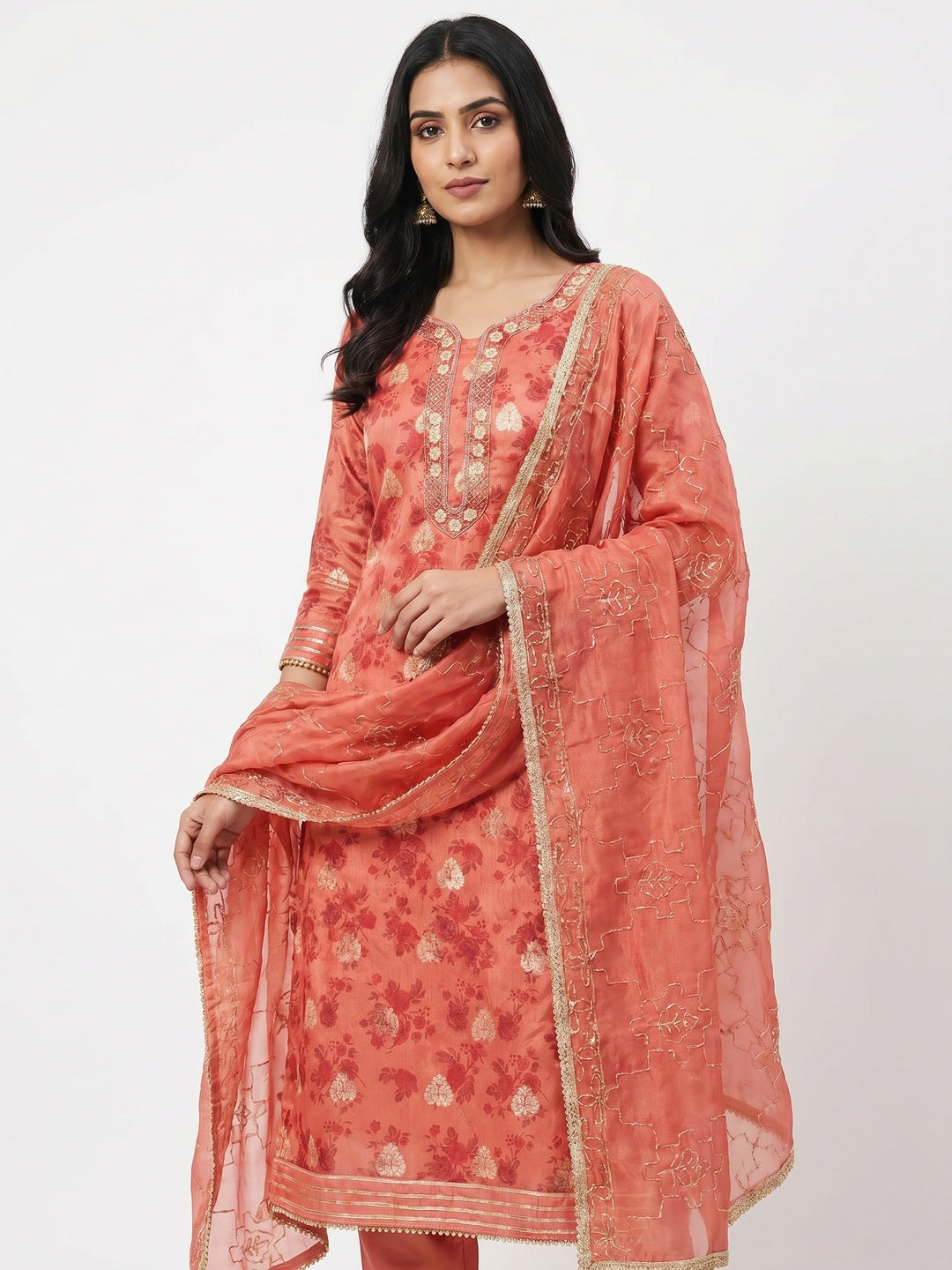 Peach Floral Printed Chanderi Silk Dress Material - Image 1