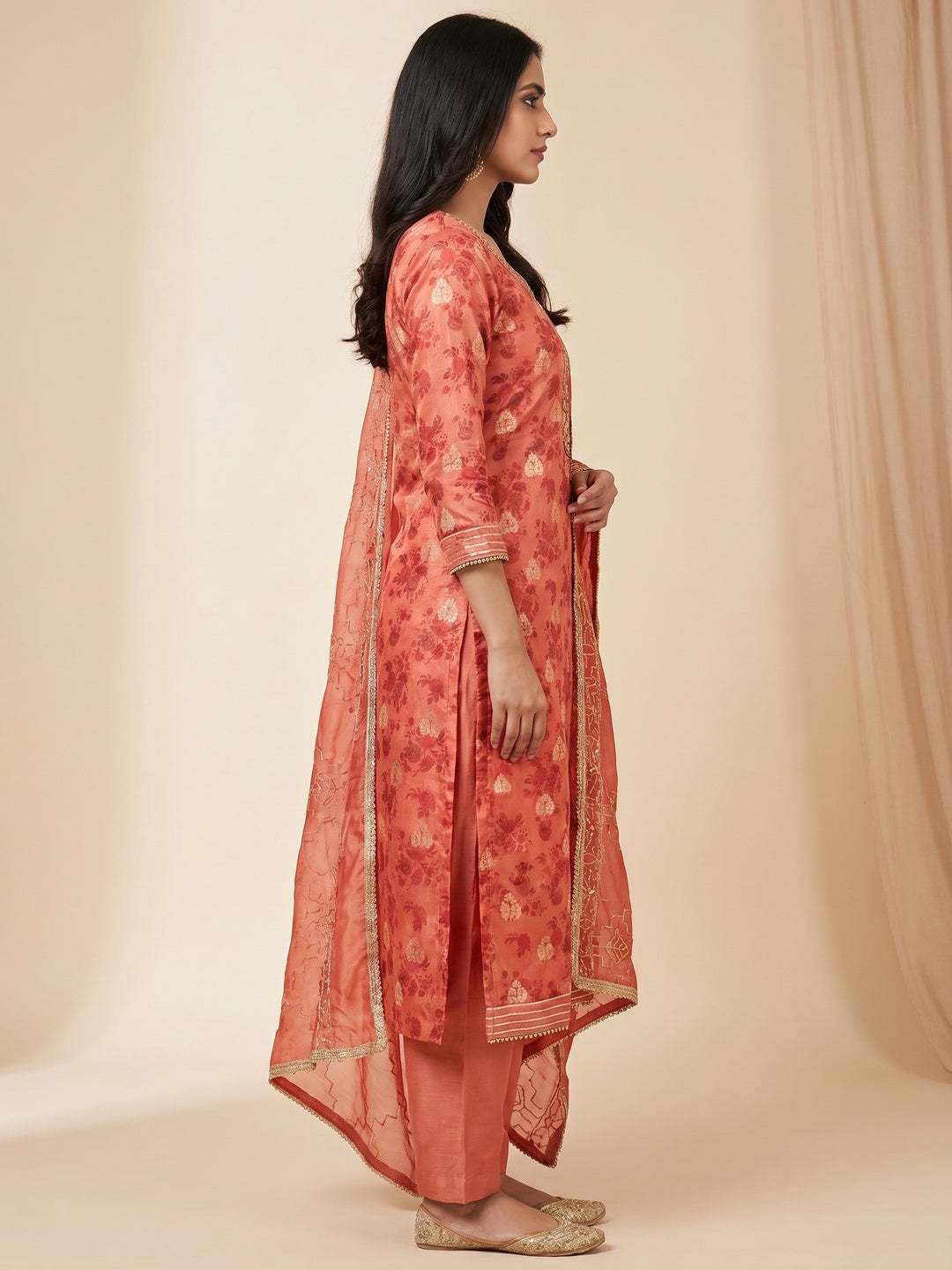 Peach Floral Printed Chanderi Silk Dress Material - Image 3
