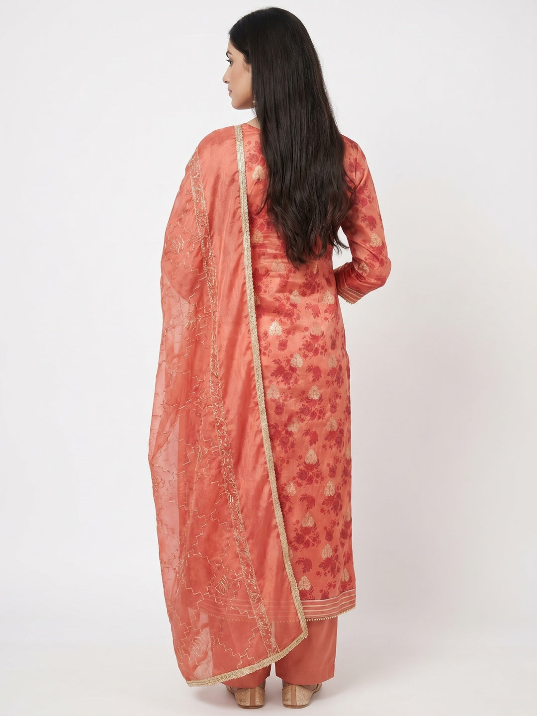 Peach Floral Printed Chanderi Silk Dress Material - Image 2