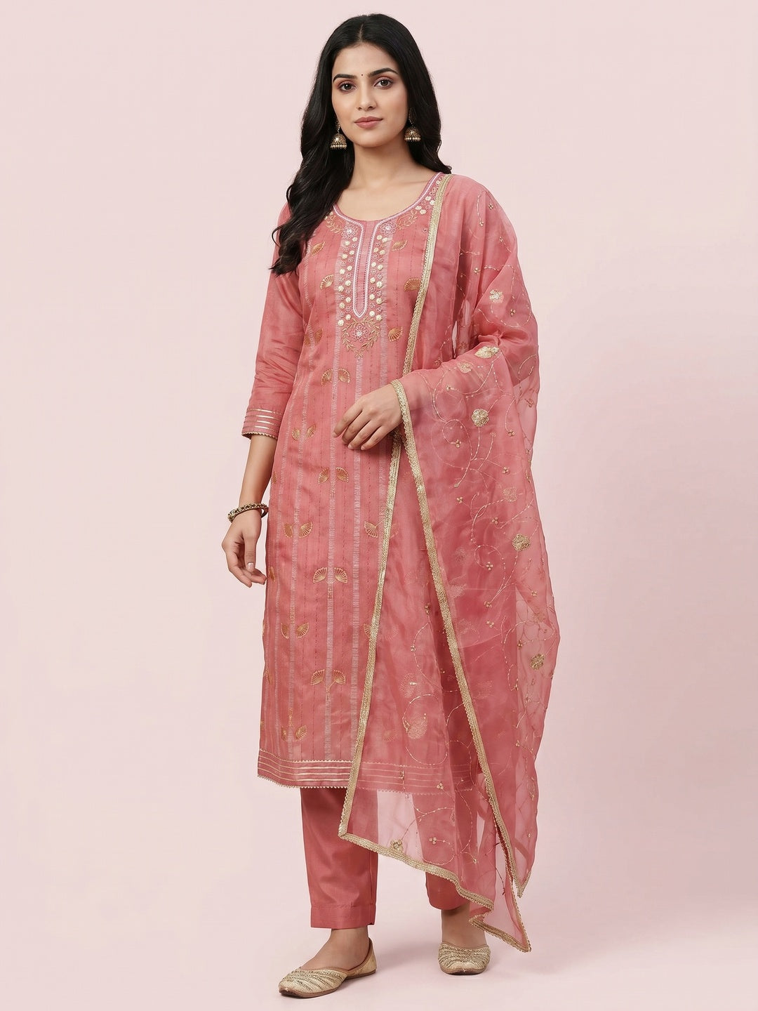 Gajri Pink Foil Printed Chanderi Silk Dress Material - Image 1