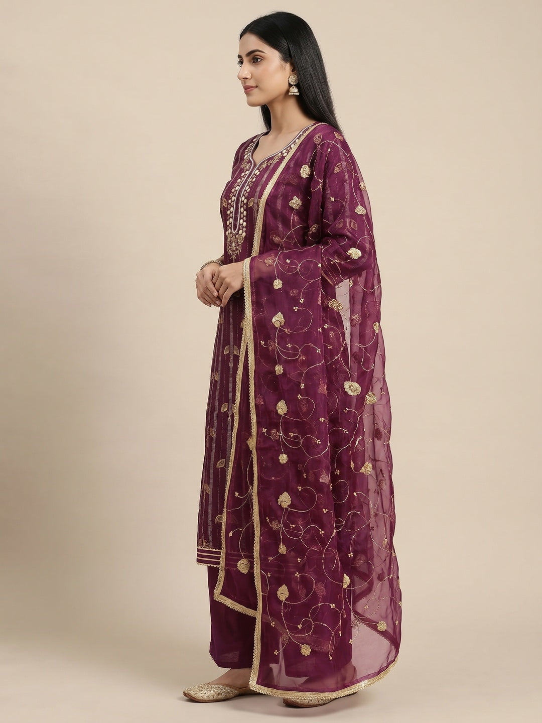 Wine Foil Printed Chanderi Silk Dress Material - Image 1