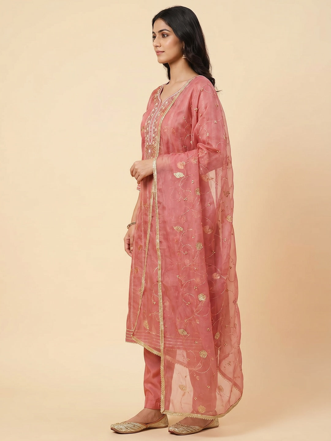 Gajri Pink Foil Printed Chanderi Silk Dress Material - Image 2