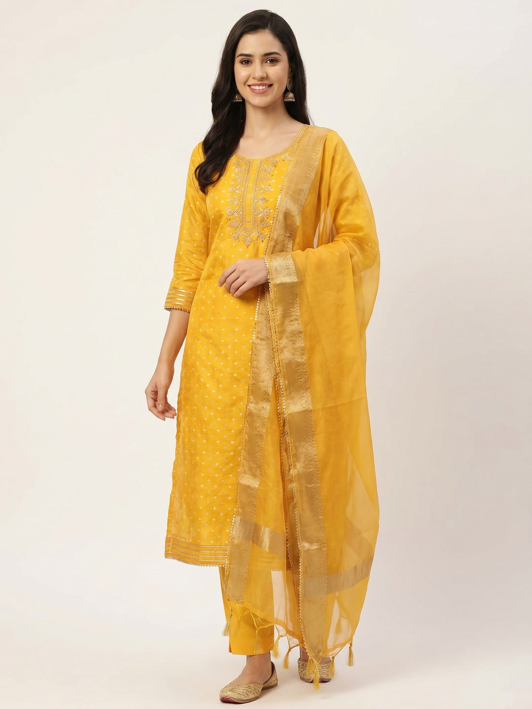 Yellow Woven Chanderi Silk Dress Material - Image 1