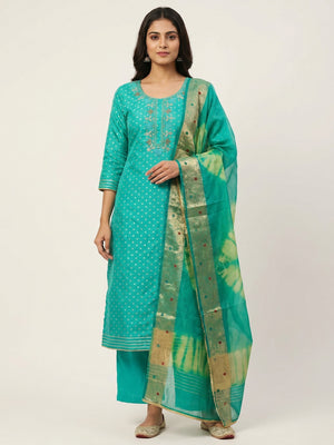 Turquoise Woven Chanderi Silk Dress Material - Image 1