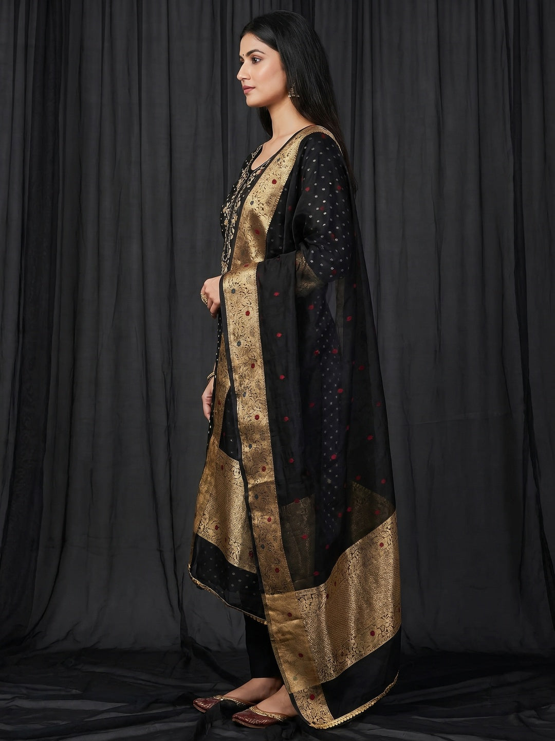 Black Woven Chanderi Silk Dress Material - Image 3