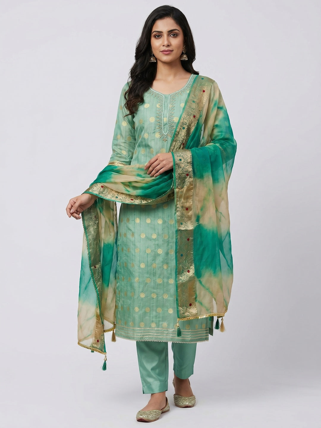 Sea Green Woven Chanderi Silk Dress Material - Image 1