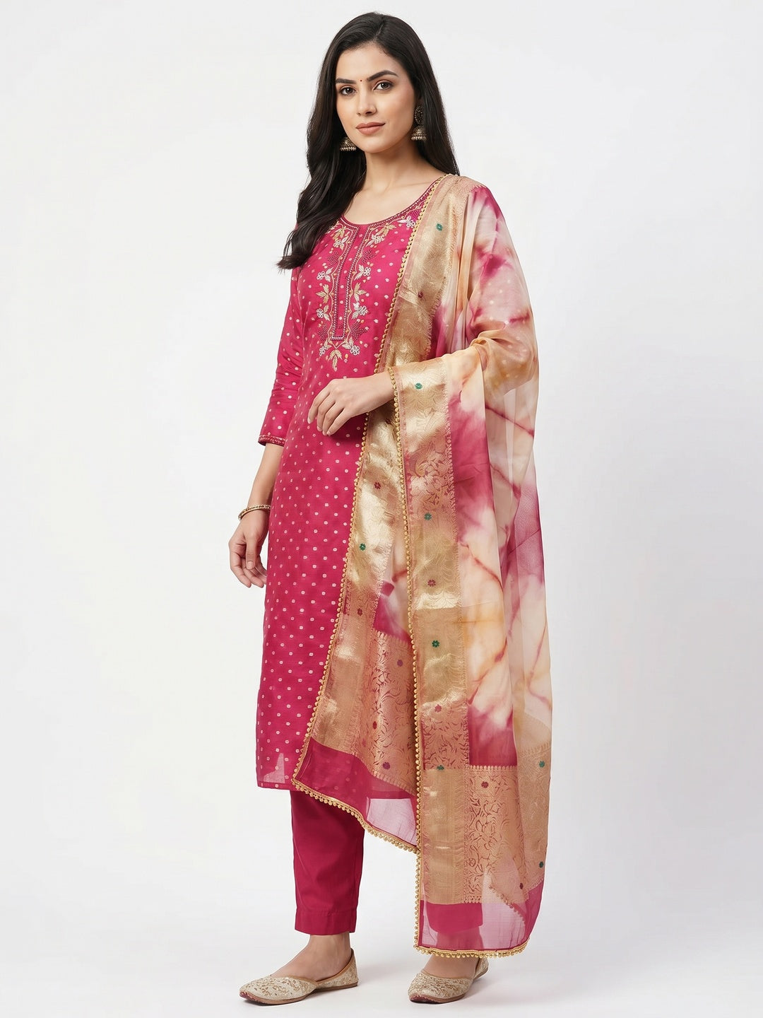 Pink Woven Chanderi Silk Dress Material - Image 1