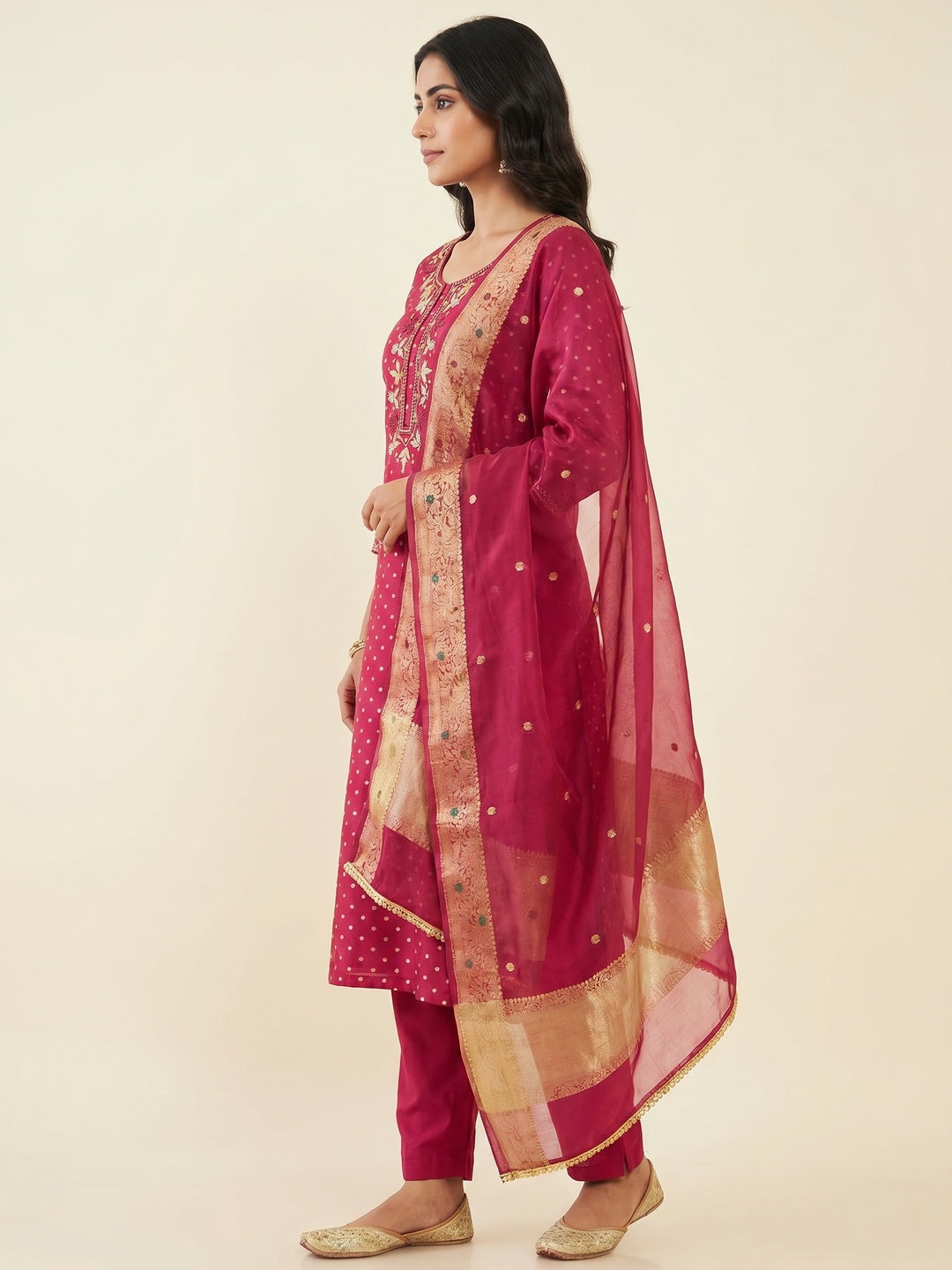 Pink Woven Chanderi Silk Dress Material - Image 3