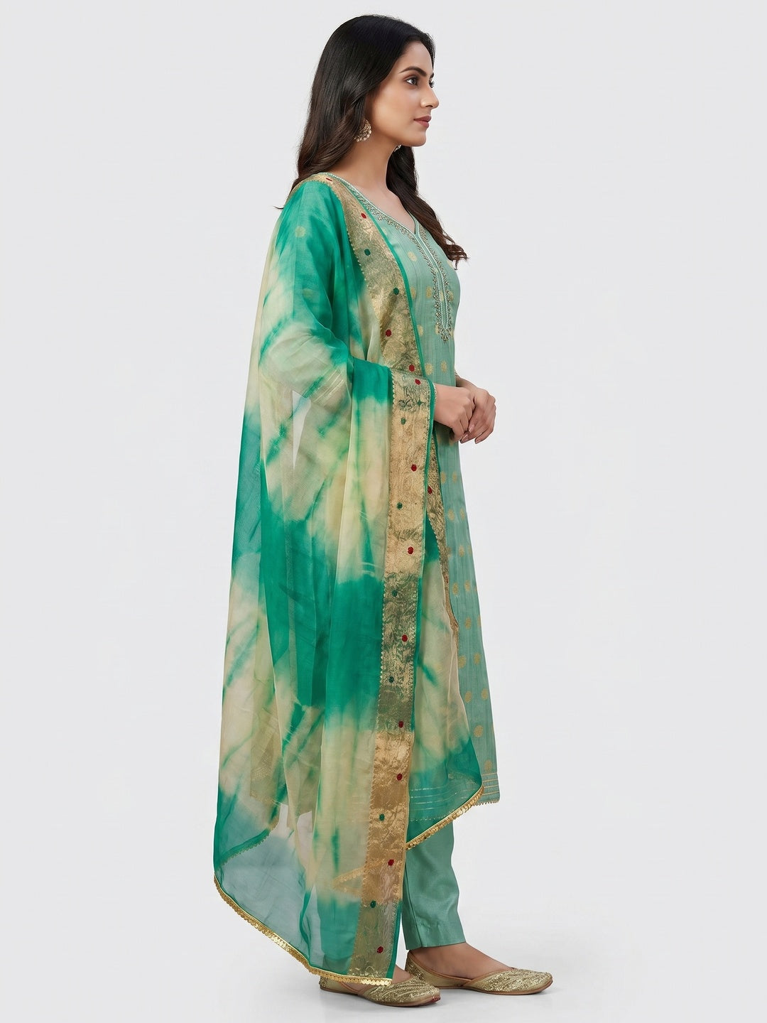 Sea Green Woven Chanderi Silk Dress Material - Image 2