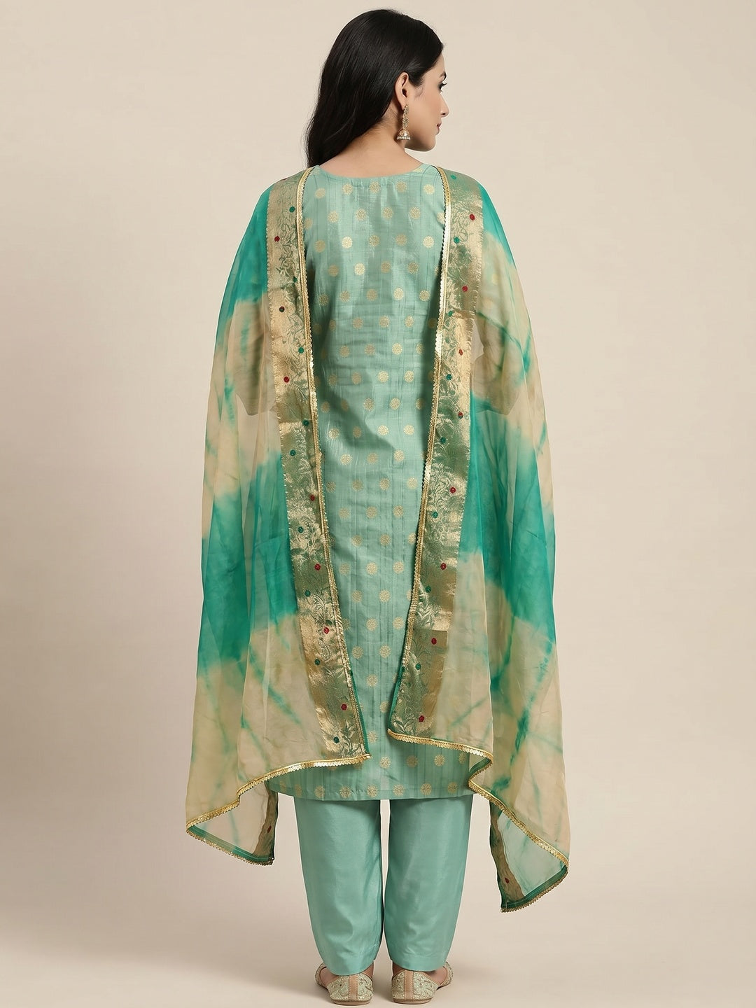 Sea Green Woven Chanderi Silk Dress Material - Image 3