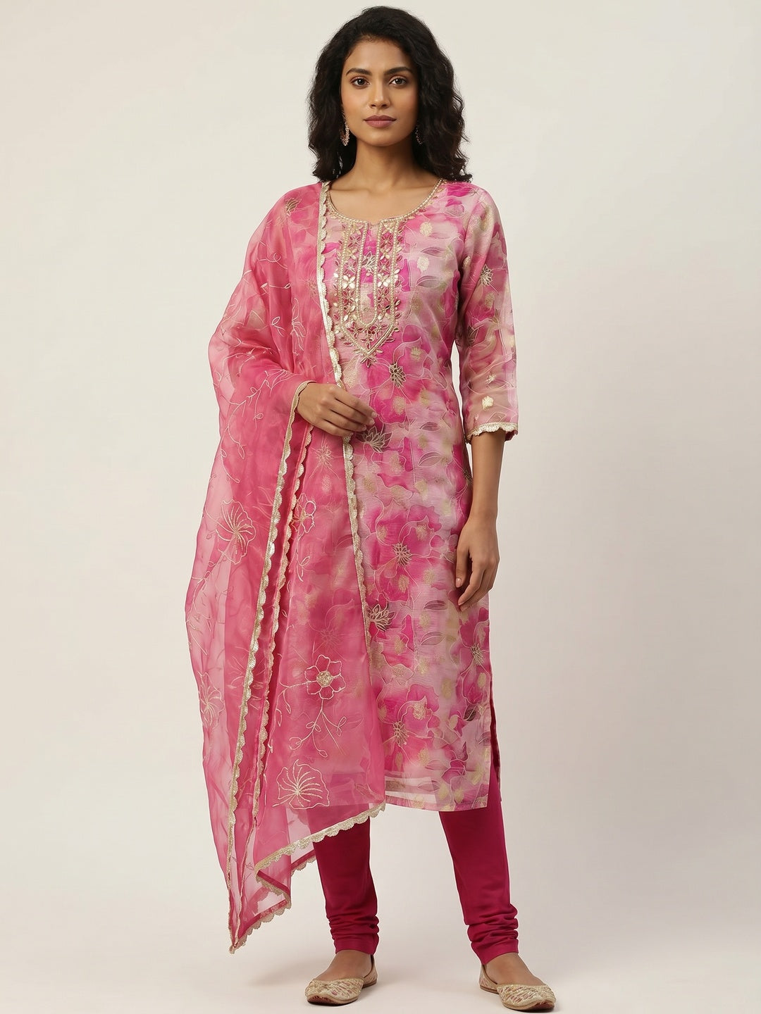 Pink Floral Digital Printed Organza Dress Material - Image 1