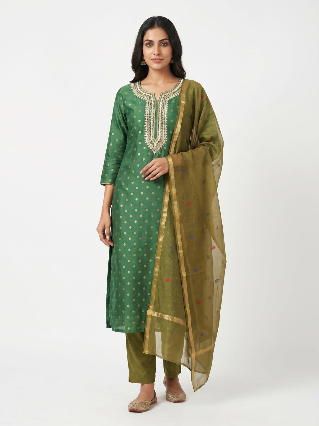 Green Woven Chanderi Silk Dress Material - Image 1