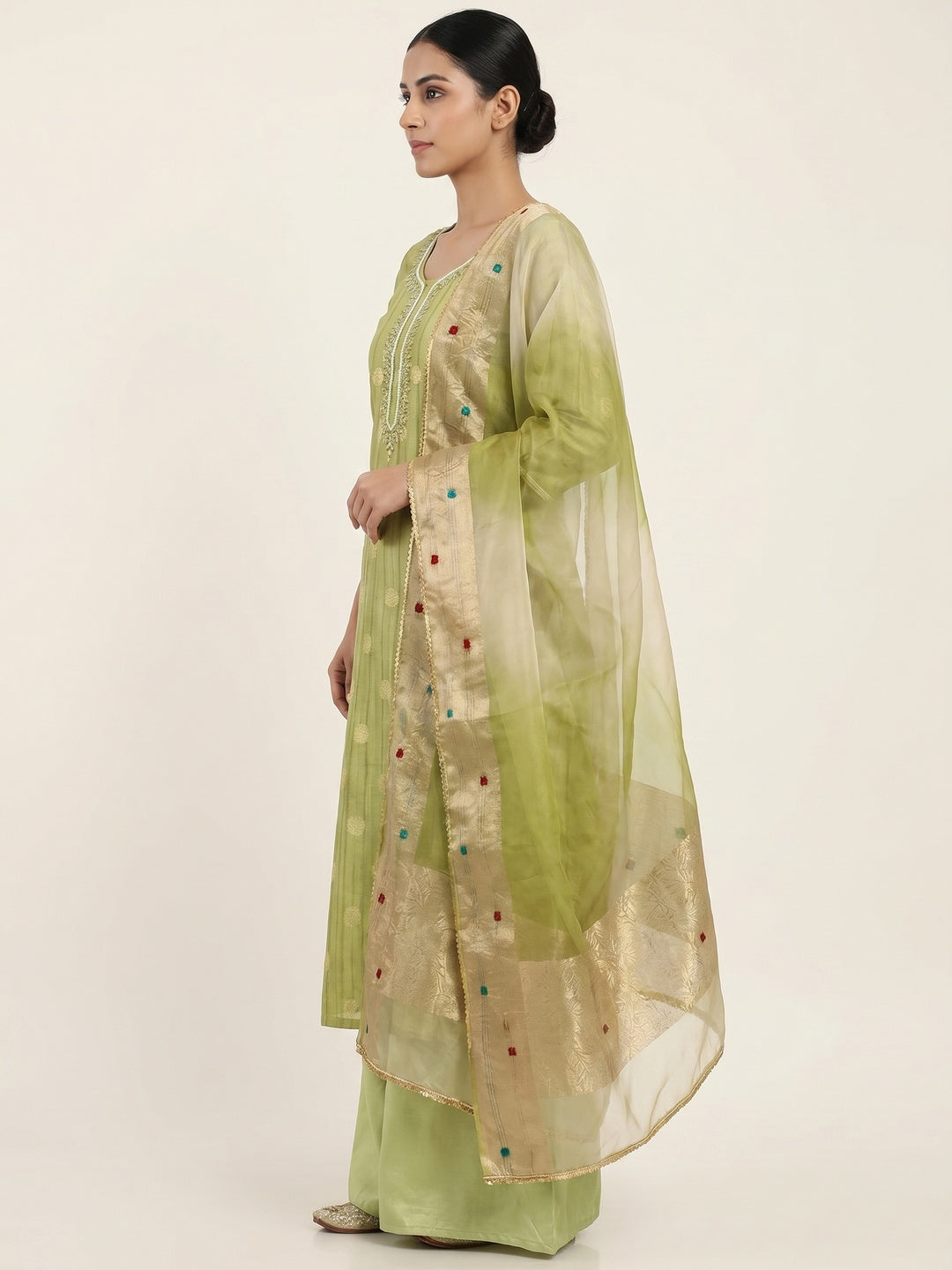 Green Woven Chanderi Silk Dress Material - Image 2