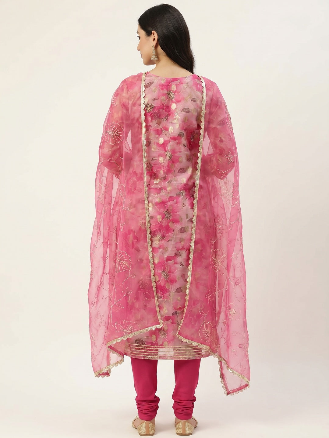 Pink Floral Digital Printed Organza Dress Material - Image 2