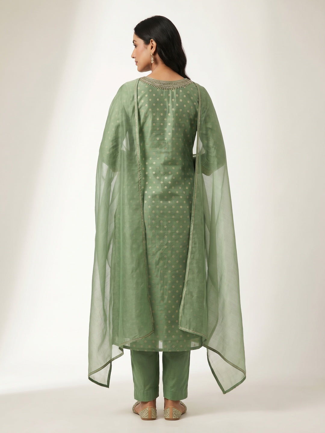 Green Woven Chanderi Silk Dress Material - Image 3