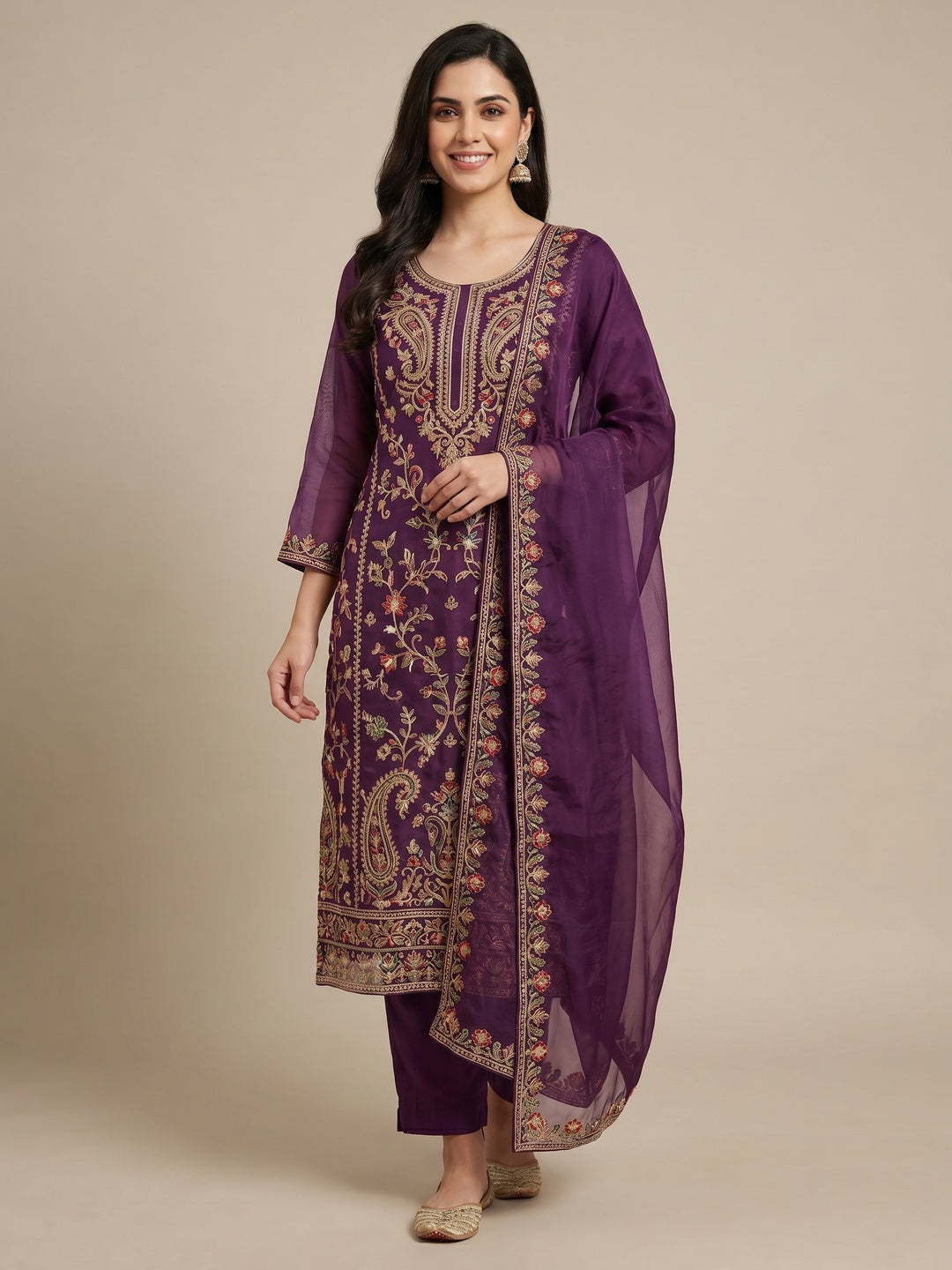 Purple Floral Embroidered Organza Dress Material - Image 1
