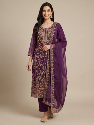 Purple Floral Embroidered Organza Dress Material - Image 1
