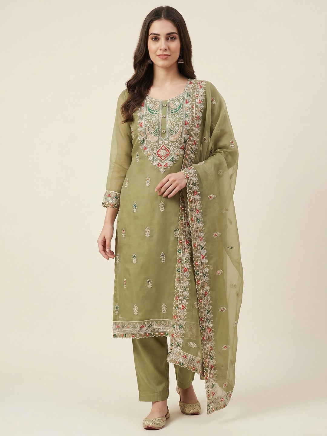 Green Floral Embroidered Organza Dress Material - Image 1