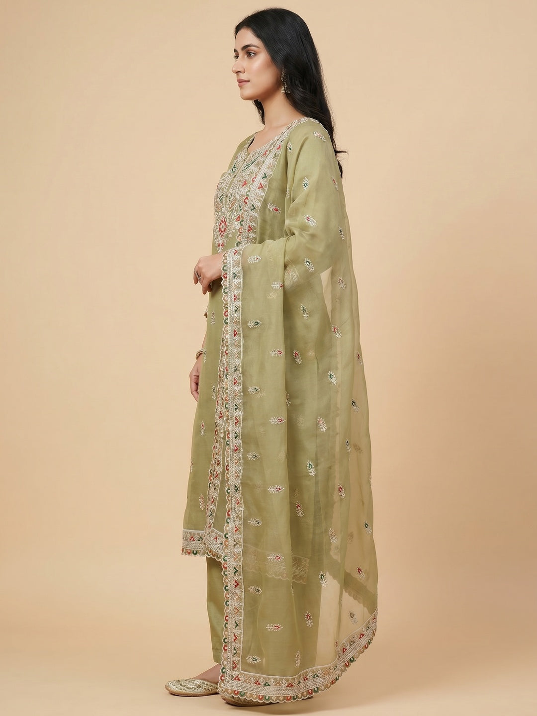 Green Floral Embroidered Organza Dress Material - Image 2