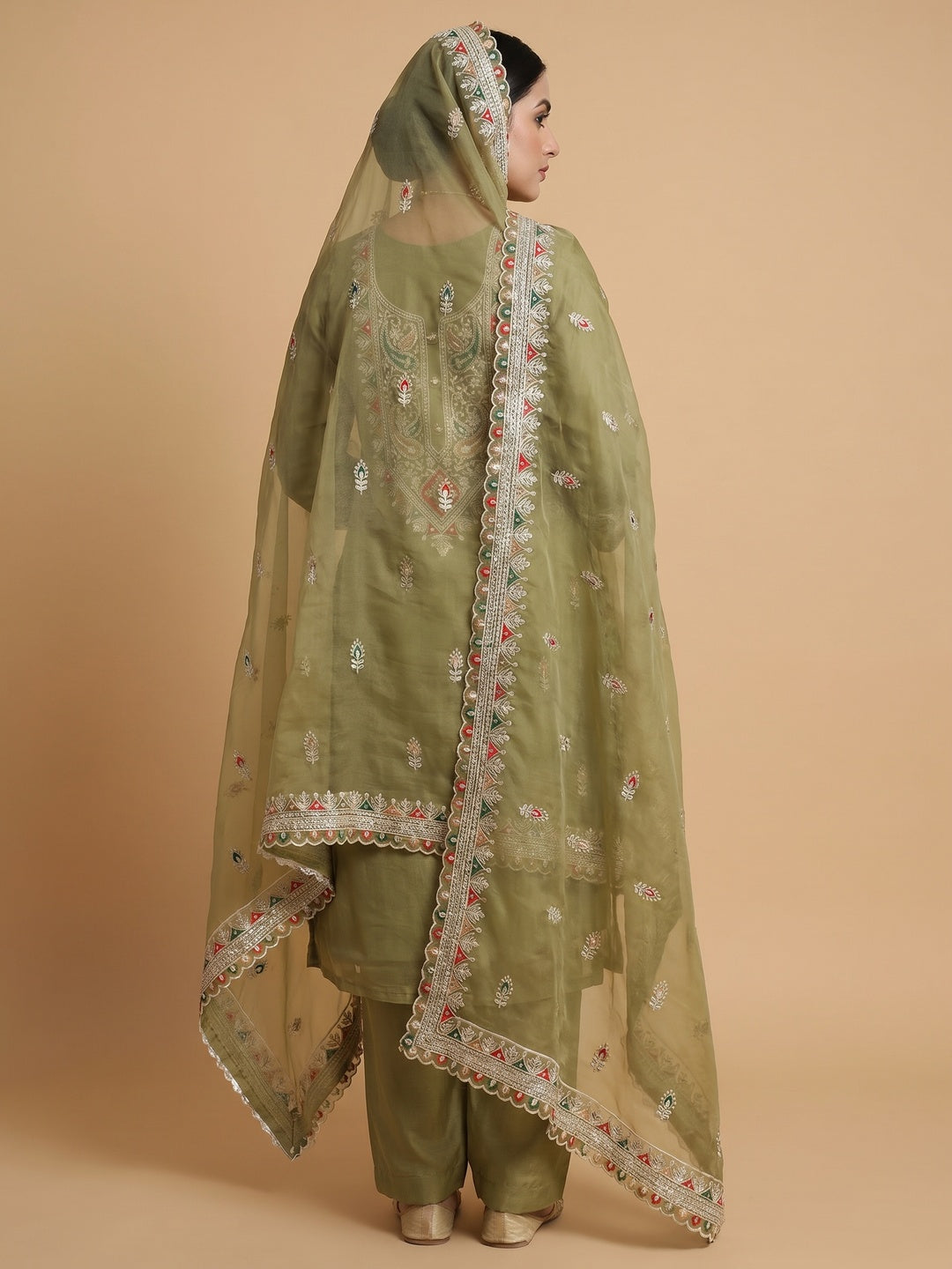 Green Floral Embroidered Organza Dress Material - Image 3