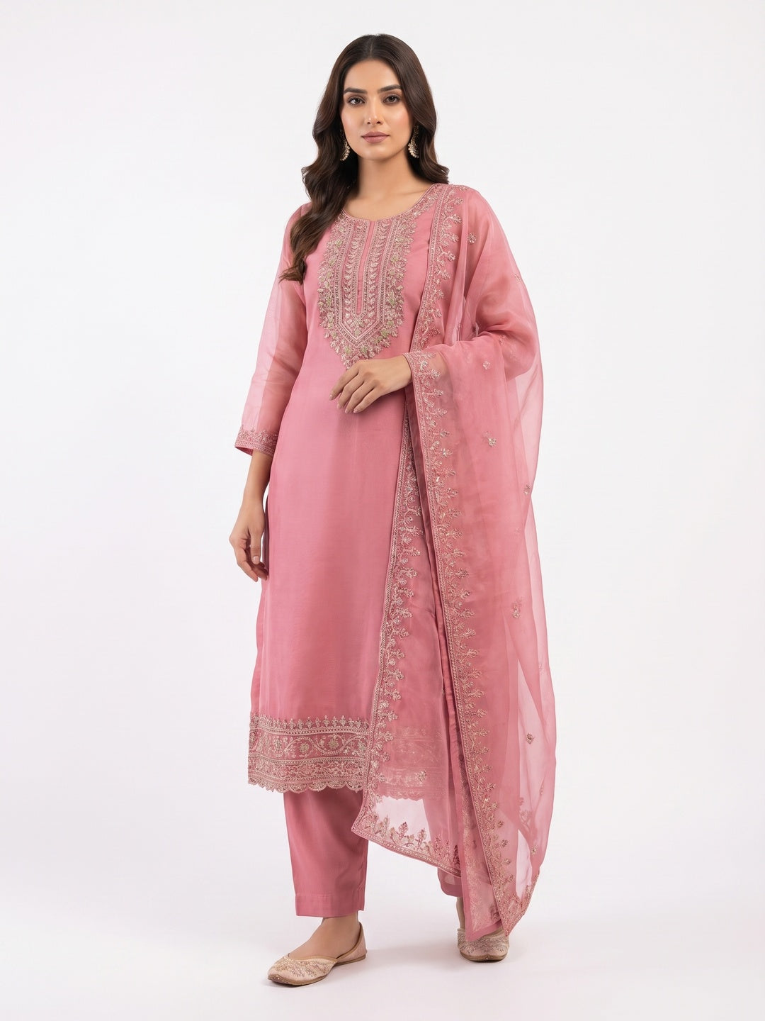 Pink Floral Embroidered Organza Dress Material - Image 1