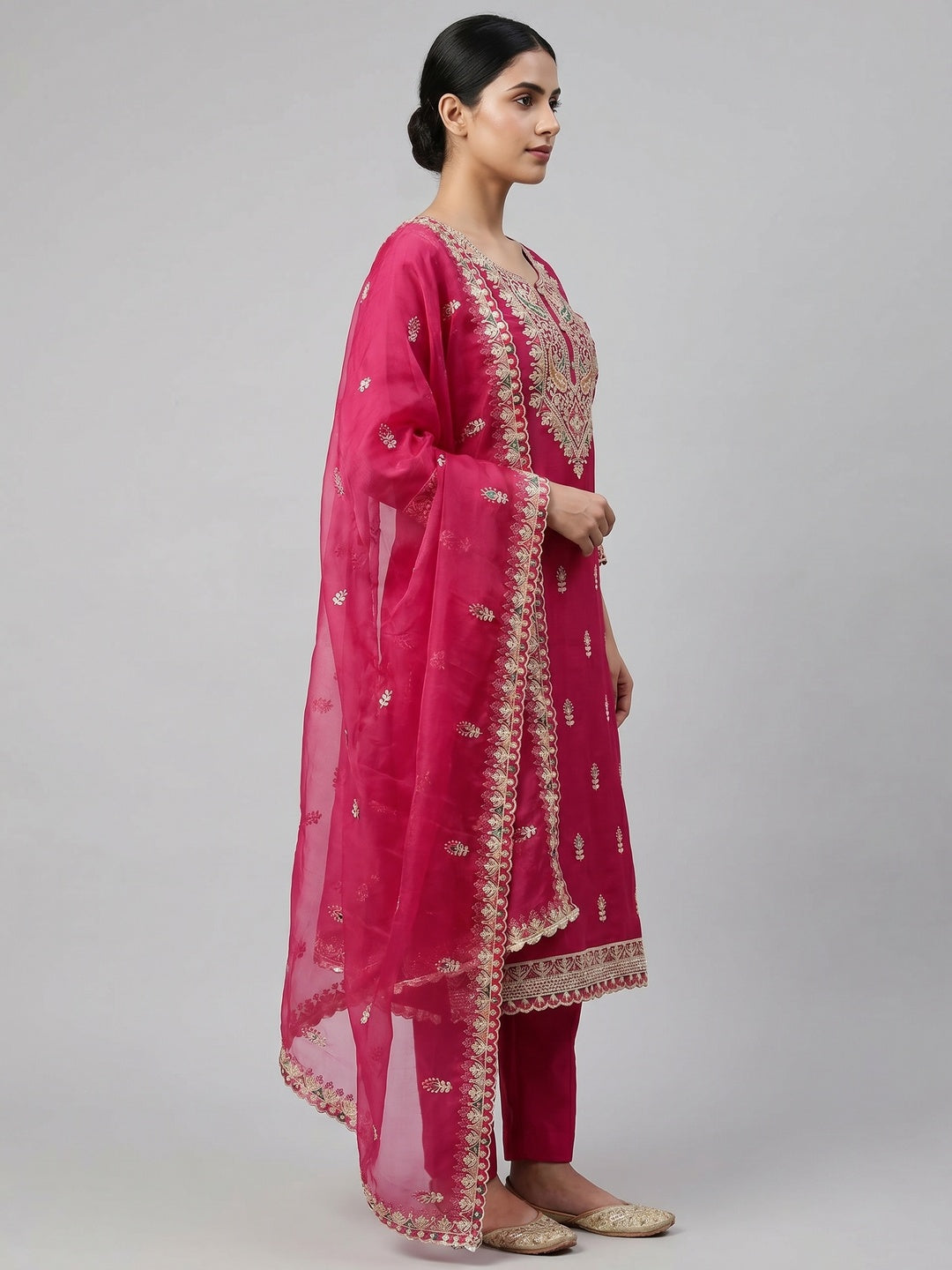 Pink Floral Embroidered Organza Dress Material - Image 3