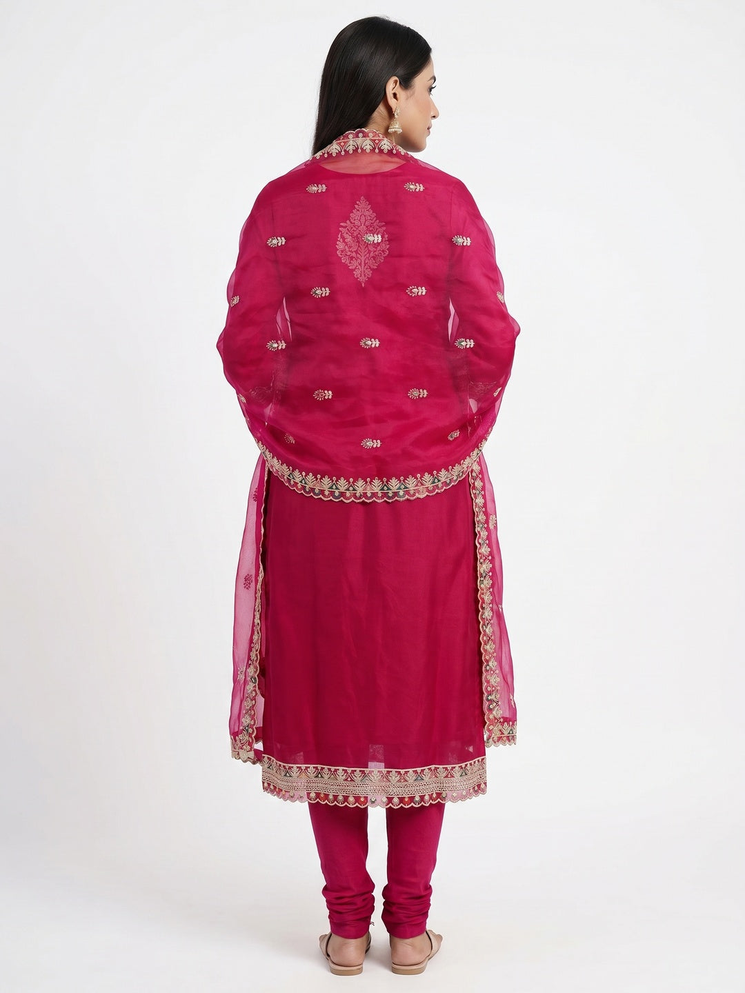 Pink Floral Embroidered Organza Dress Material - Image 2