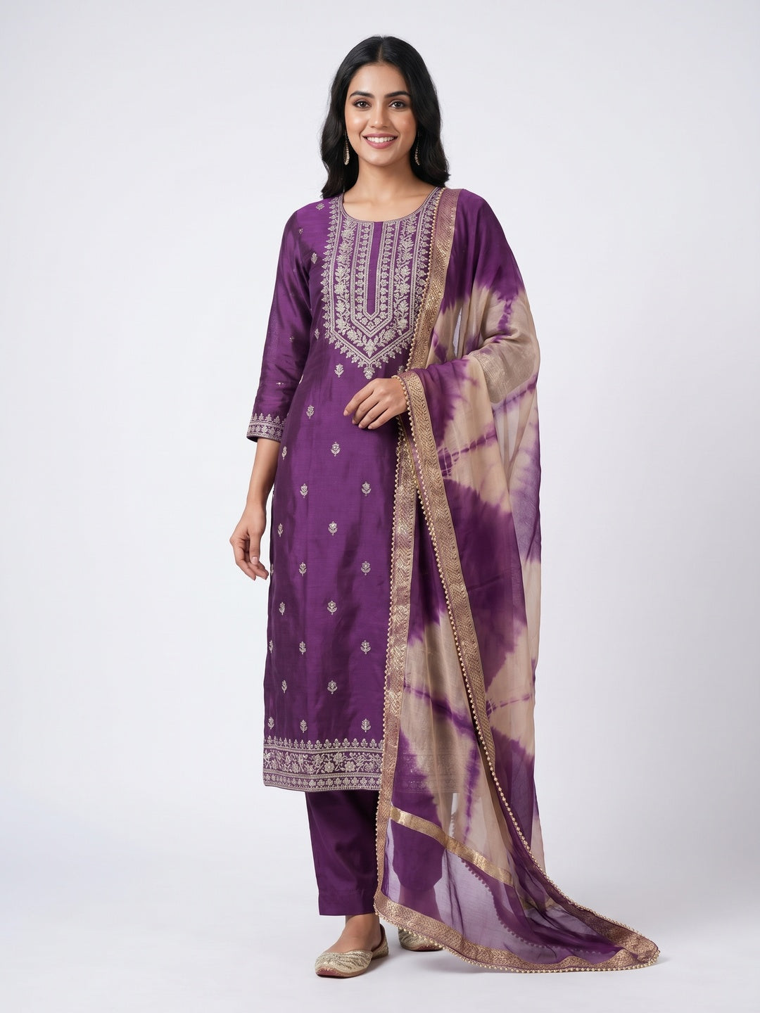 Purple Woven With Handwork Chanderi Silk Dress Material - Image 1