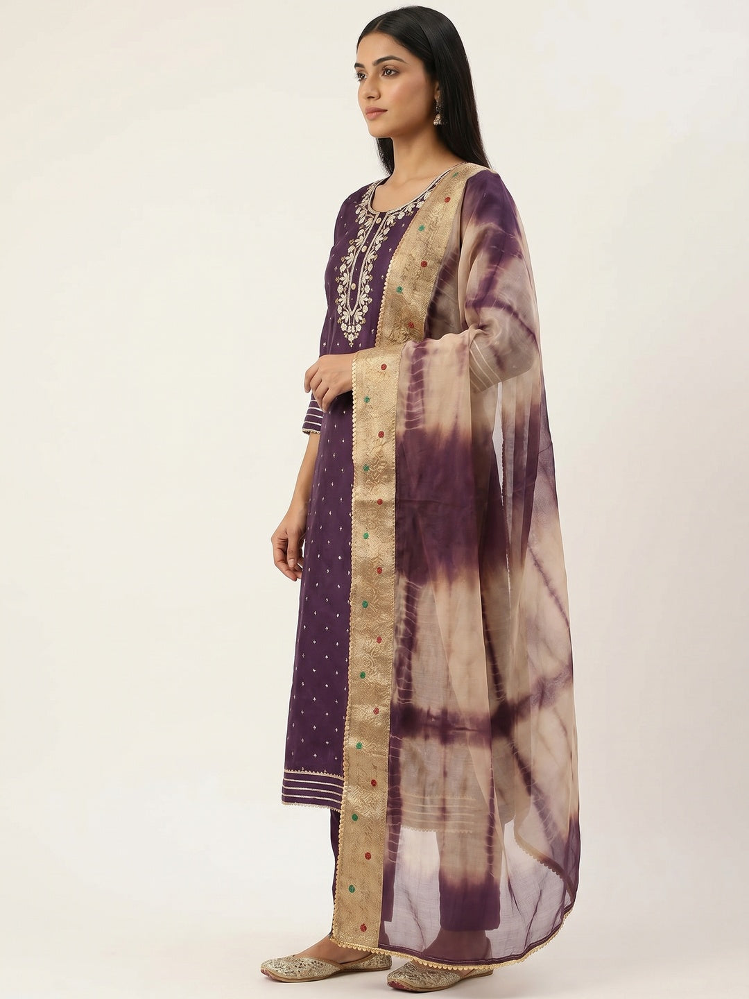 Purple Woven With Handwork Chanderi Silk Dress Material - Image 3