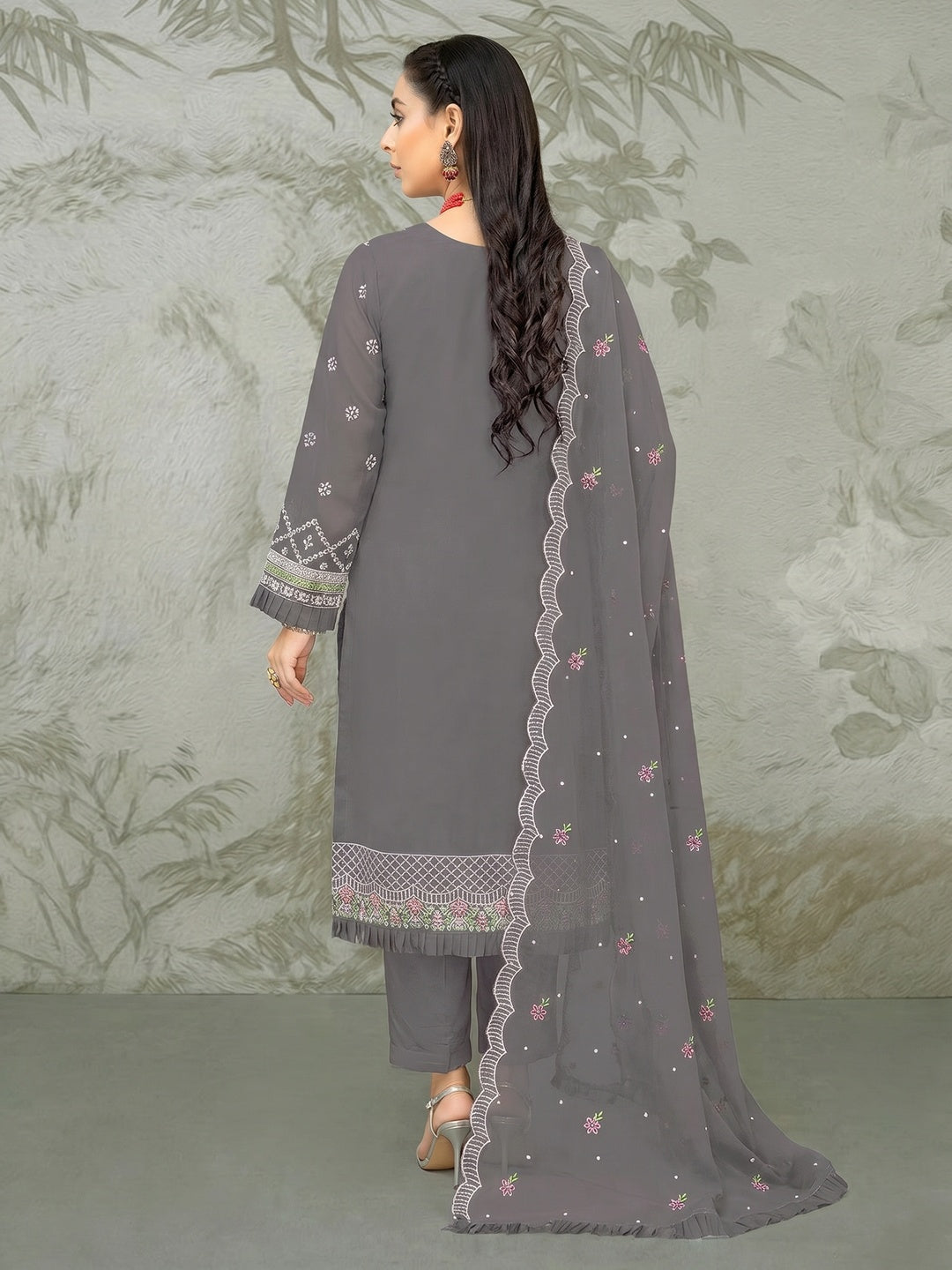 Grey Floral Embroidered Organza Semi Stitched Pakistani Suit - Image 1