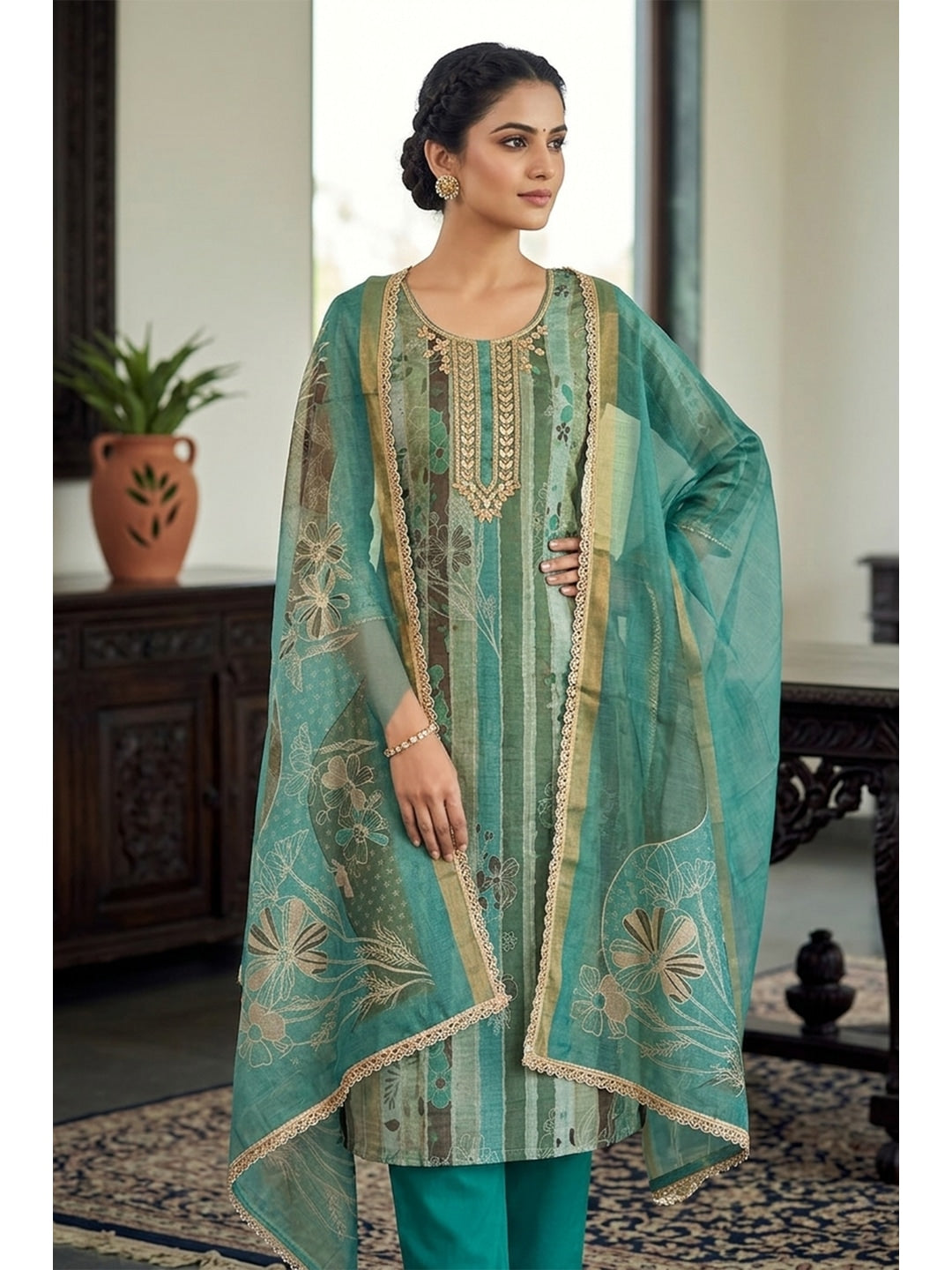 Peachmode Teal Pure Cotton Lilian Dress Material with Embroidered Dupatta - Image 2