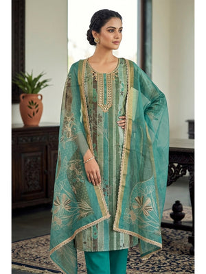 Peachmode Teal Pure Cotton Lilian Dress Material with Embroidered Dupatta - Image 1