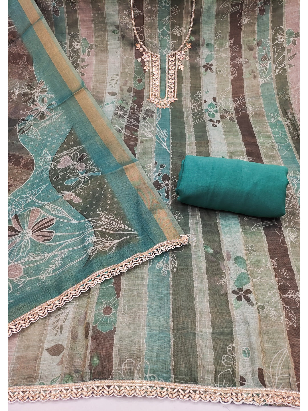 Peachmode Teal Pure Cotton Lilian Dress Material with Embroidered Dupatta - Image 3