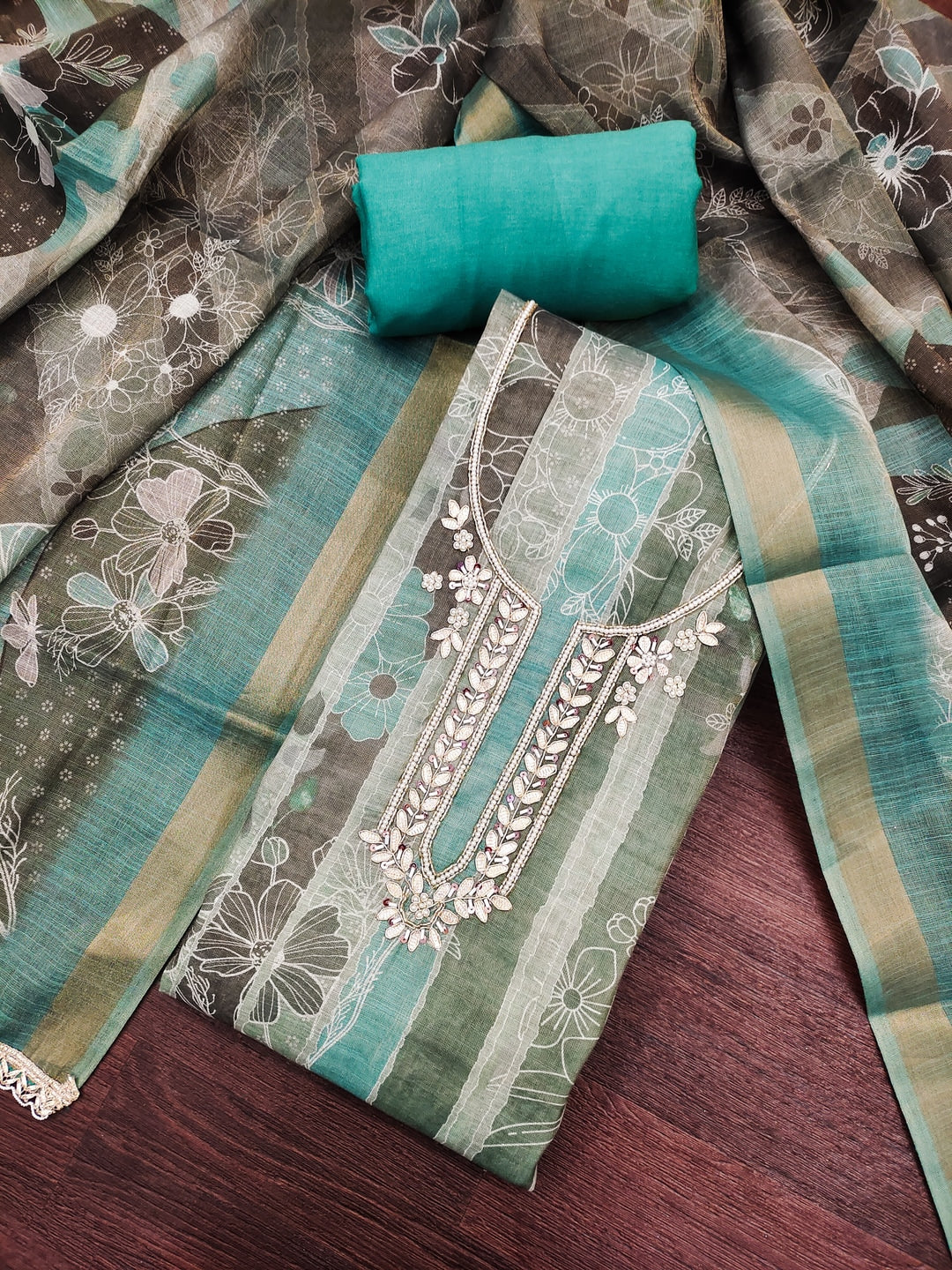 Peachmode Teal Pure Cotton Lilian Dress Material with Embroidered Dupatta - Image 4