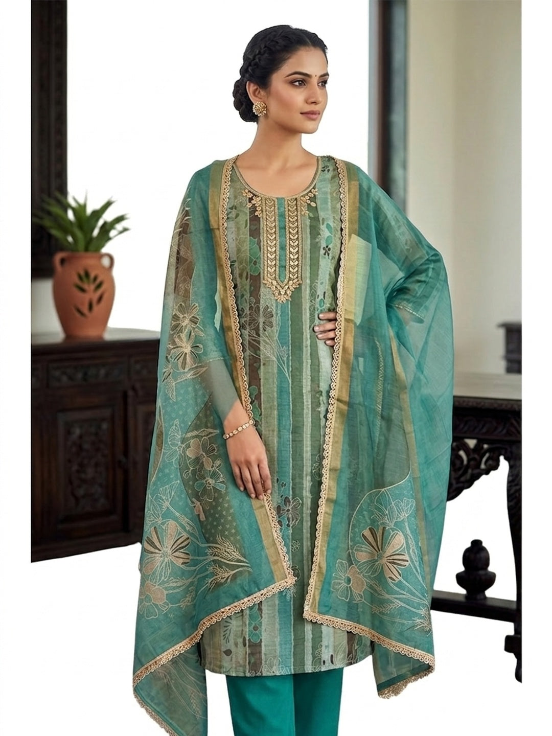 Peachmode Teal Pure Cotton Lilian Dress Material with Embroidered Dupatta - Image 6