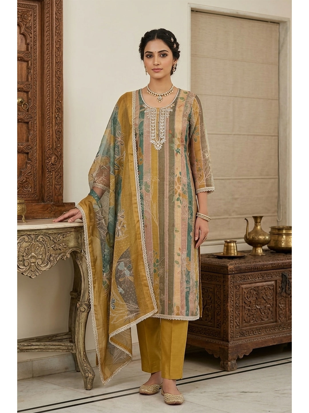 Peachmode Mustard Pure Cotton Lilian Dress Material with Embroidered Dupatta - Image 2
