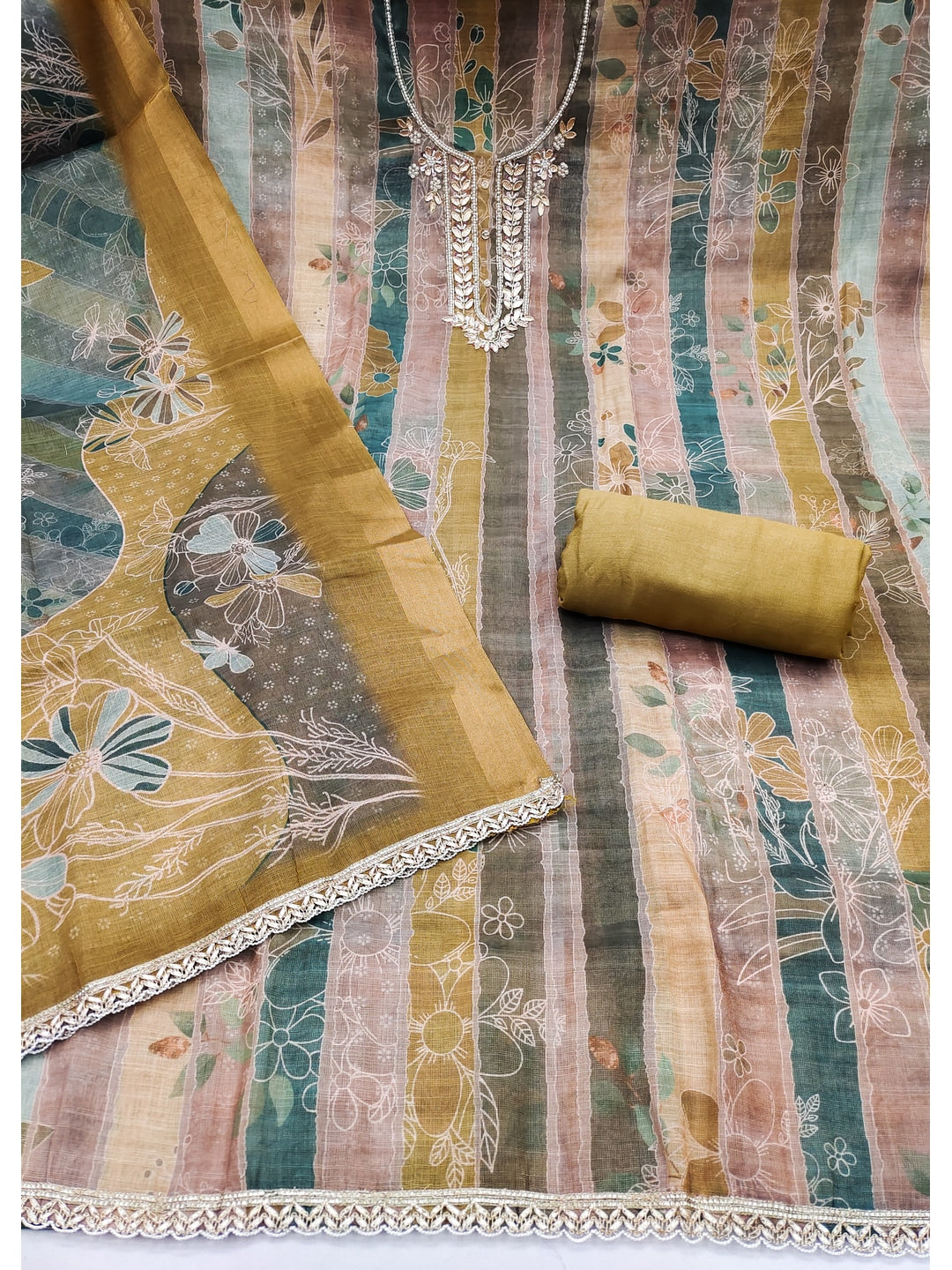 Peachmode Mustard Pure Cotton Lilian Dress Material with Embroidered Dupatta - Image 3